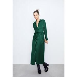 NEW! Zara Satin Effect Long Sleeve Wrap Maxi Dress in EMERALD (S)
